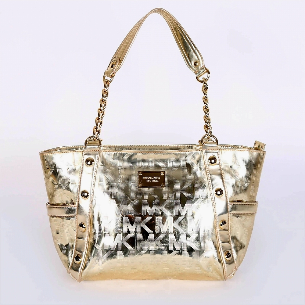 Michael Kors MK Delancy Siganture Mirror Metallic Shoulder Bag Gold Tote Purse